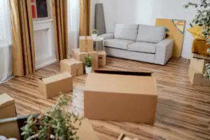 Unpacking boxes in the living room for small moves service.