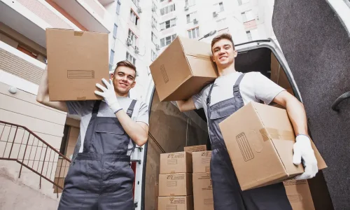 Two men holding boxes in the back of a moving truck.